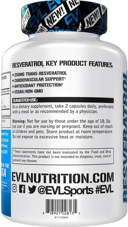 Evlution Anti Aging Trans Resveratrol Supplement, 250mg Trans-Resveratrol for Immune and Heart Health