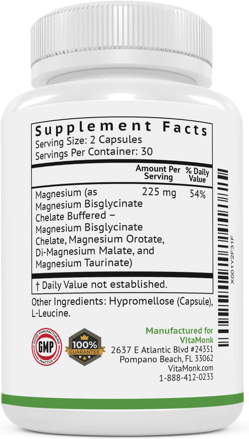 Vitamonk Quad Magnesium Blend with Orotate, Glycinate, Taurate, and Di-Magnesium Malate for Sleep and Mood