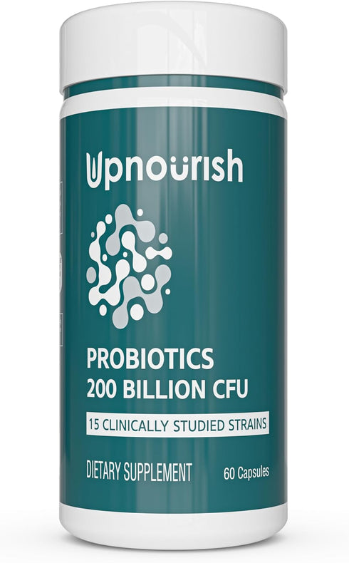 UpNourish Probiotics, 60 Vegan Capsules - 200 Billion CFUs, 15 Strains, Prebiotics & Enzymes