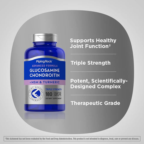 Piping Rock Glucosamine Chondroitin with Turmeric & MSM | 180 Caplets, Triple Strength, Non-GMO, Gluten Free