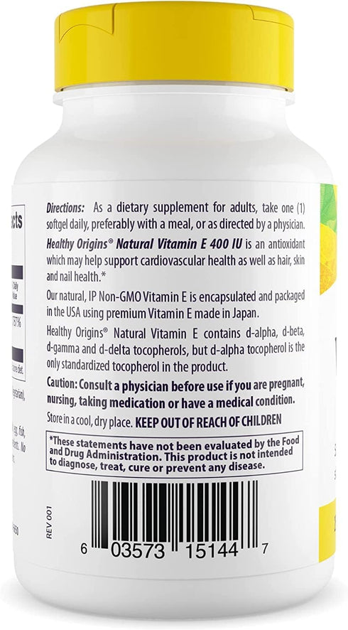 Healthy Origins Vitamin E, 400 IU with Mixed Tocopherols - 90 Softgels | Non-GMO & Gluten-Free Supplement for Skin,