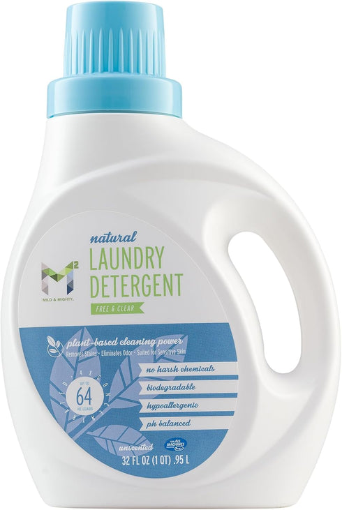 M2 mild & mighty 64 32 oz. Natural Plant-Based Laundry Detergent Cleaning Power Concentrated Liquid, For Sensitive