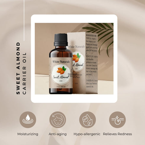 Sweet Almond Oil for Hair and Skincare, 100% Pure Natural Cold Pressed, Hexane Free, Organic Face, Body, Hands Skin Moisturizer, Therapeutic Massage, Best Carrier Oil for Essential Oils & DIY Base