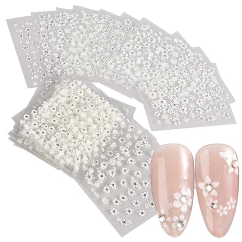30 Sheets White Flower Nail Art Stickers, 3D Self Adhesive Designs with Rhinestones for Nail Decorations