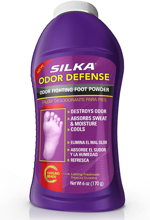 SILKA Odor Fighting Foot Powder & Shoe Deodorizer, 6 Oz, with Corn Starch Powder and Cooling Beads