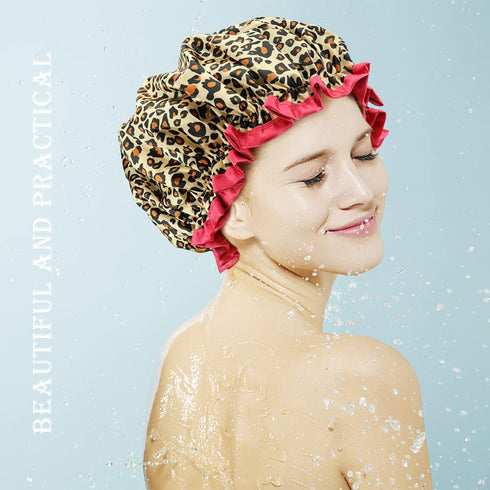 TCOTBE 4 Pieces Shower Cap for Women, Reusable Elastic Bath Caps with Double Waterproof Layers