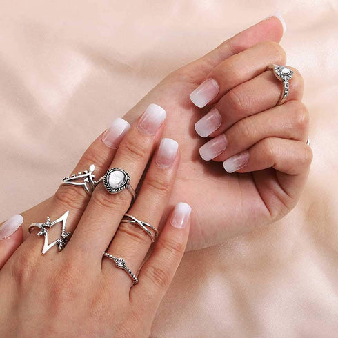 Press on Nails White Ombre Fake Nails, Short Square Glossy Acrylic Full Cover, 24Pcs