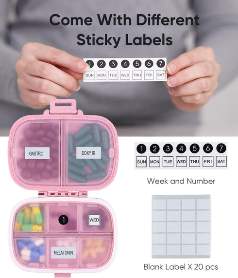 Holii Portable Travel Pill Organizer, 8 Compartments Daily Pill Box for Vitamins, Small Medicine Container (Pink)