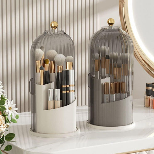 Makeup Brush Holder Organizer - 360° Rotating Luxury Cosmetic Organizer with Lid, Desktop Storage (White 1)