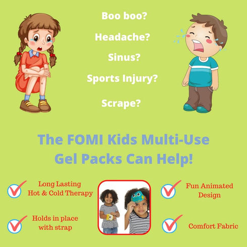 FOMI Kids Hot Cold Gel Ice Packs, 2 Pack, Fun Animal Wraps for Pain Relief, Reusable for Head, Eyes, Elbow, Knee