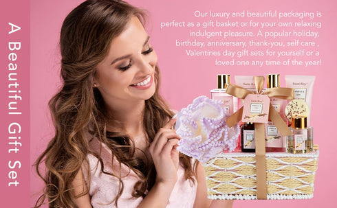 Spa Gift Basket Vanilla Oat 14 Pcs Bath Scents for Women, Home Spa Gift Set with Shower Gel, Body Oil, Diffuser, & More