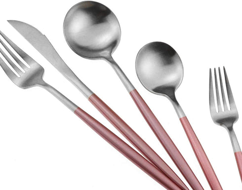 Luxury Flatware Set, 20 Piece Matte Pink Handle 18/10 Stainless Steel Tableware for 4, Camping Silverware Travel