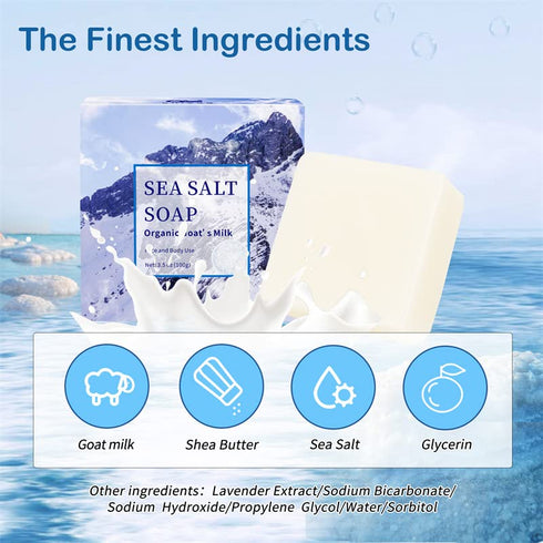 Natural Sea Salt Bar Soap (3.5 Oz Each, 2 PC, 7 oz.) for All Skin Types, Acne Treatment, Organic Goat's Milk