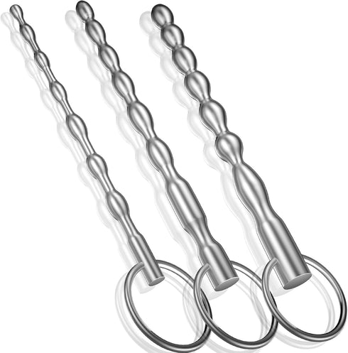 Jongait Set 3 Urethral Sounds - PCS Stainless Steel Bumpy Penis Plug Dilator with Safe Ring - Masturbation Rod Sex Toy