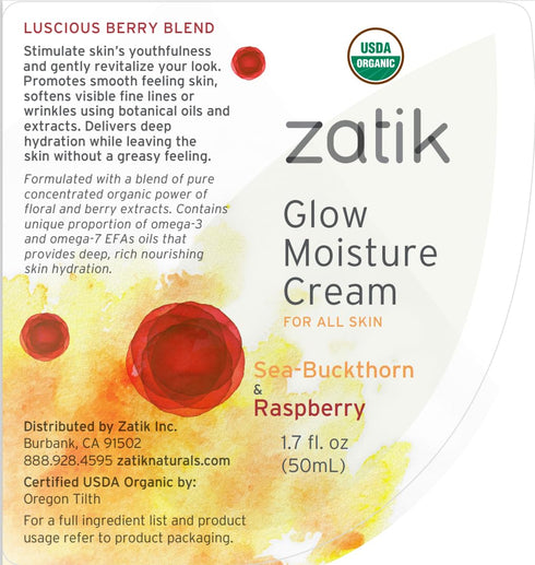 Zatik Naturals Glow Moisture Cream, Sea-Buckthorn & Raspberry Blend, USDA Organic, Vegan, 1.7 oz