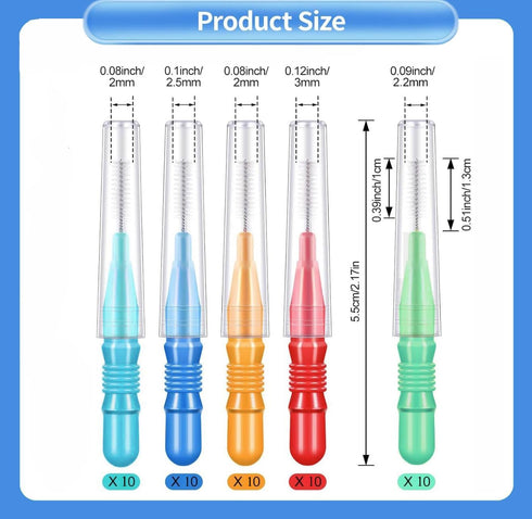 50 Pcs Interdental Brushes in 4 Sizes, Dental Soft Toothpicks for Braces, Oral Hygiene Slim Cleaning Tool