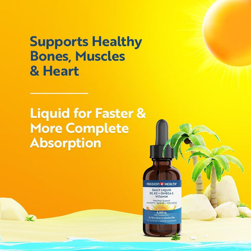 Passion 4 Health Organic Liquid Vitamin D3 K2 + Omega 3 Supplement, 5000IU Liquid Vitamin D Drops