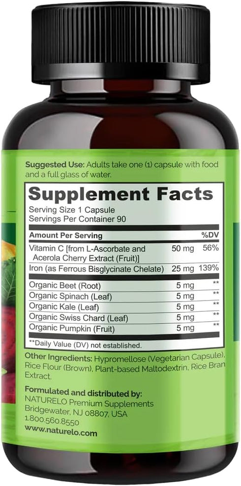 NATURELO Vegan Iron Supplement with Vitamin C, Organic Whole Foods - Gentle Iron Pills for Women & Men, 90 Mini Capsules
