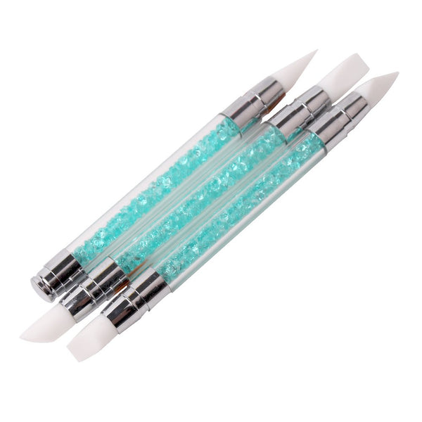 WOKOTO 3 Pcs Set Silicone Nail Art Acrylic Pen Brushes - 2 Ways, Blue Rhinestones Design, Sculpture Carving Brush