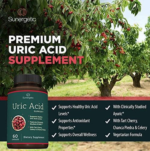 Sunergetic Premium Uric Acid Support Supplement with Tart Cherry, Chanca Piedra, Celery Extract & Turmeric - 60 Capsules