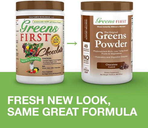 Greens First - Chocolate - 30 Servings Superfood Powder with 49 Superfoods, Antioxidant Smoothie Mix, Vegan