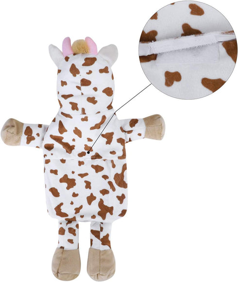 ITODA Mini Hot Water Bottle Warmer with Cute Cow Stuffed Animal Cover, Waist Neck Shoulder Hot and Cold Water Bag