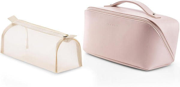 Vlando Travel Makeup Bag - Waterproof Portable Toiletry Bag with Divider and Handle for Travel Essentials (Pink)