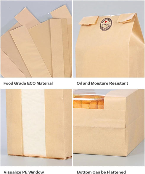 50 Packs Large Paper Bread Bags for Homemade Bread, Kraft Paper Bakery Bags with Window for Sourdough Toast Packing
