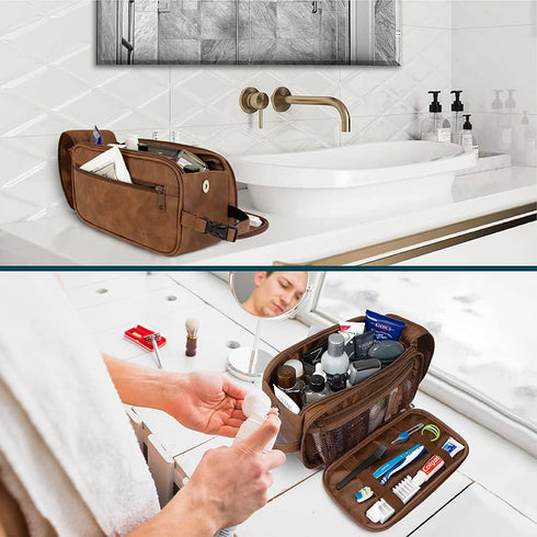 PAVILIA Toiletry Bag for Men, Travel Essentials Dopp Kit, PU Leather Water Resistant Organizer Case, Brown
