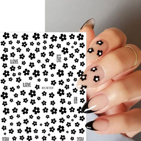 6 Sheets Flower Nail Art Stickers, 3D Self-Adhesive Black White Colorful Flowers Design for Manicure DIY Supplies