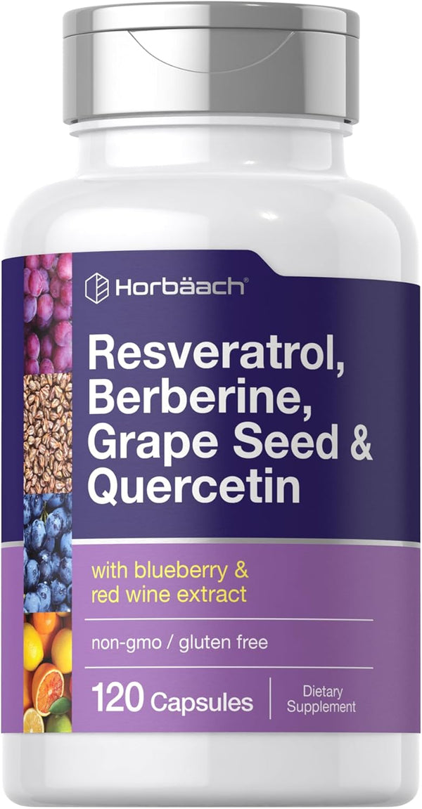 Horbaach Resveratrol Berberine Grape Seed & Quercetin with Blueberry & Red Wine Extract, 120 Capsules, Non-GMO, Gluten