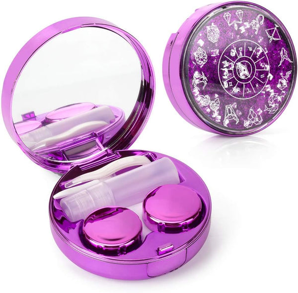 Contact Lens Case, Bling Constellations Travel Kit with Tweezers, Remover Tool, Mirror & Solution Bottle (Purple)