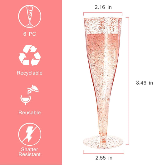 Disposable Champagne Flutes - 6PC Rose Gold Glitter Plastic Glasses for Parties, 6.5 OZ Capacity