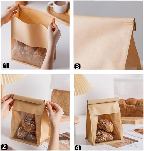 NatureMan 50 Pack Window,11x8.7x3.9inch Packaging (50, Bakery Bags with Resealable Brown Kraft Paper Bread Storage Bags