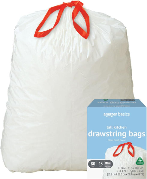 Amazon Basics Tall Kitchen Trash Bags, 13 Gallon, 80 Count, 10% Post Consumer Recycled Content