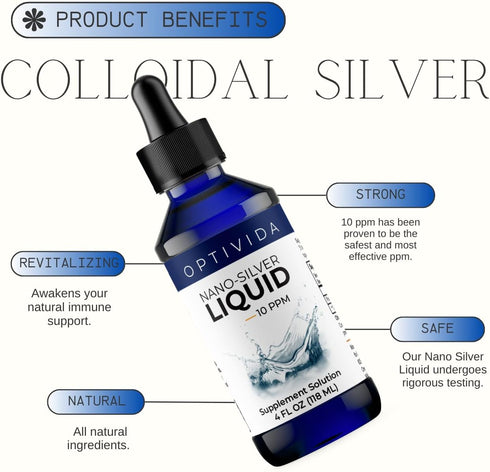 Optivida Health Colloidal Nano Silver Liquid for Immune Support, Promotes Healthy Immune System, Nano Silver Solution