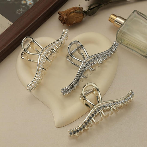 Metal Hair Claw Clips Rhinestone Artificial Pearls Claws Clips, Textention 4.4 Inch Silver Hair Clips Non-Slip Strong Hold Clip for Women Crystal Hair Jaw Clamps Gold Hair Accessories (3 Pack)