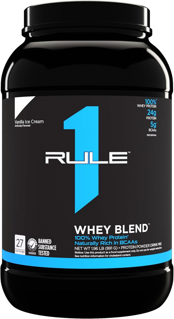 Rule 1 R1 Whey Blend, Vanilla Ice Cream, 1.96 lbs Powder, 24g Whey Concentrates, 27 Servings