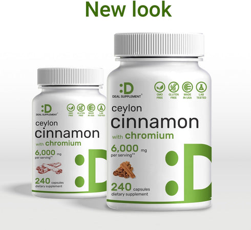 Ceylon Cinnamon 6000mg with Chromium 1000mcg - 240 Natural Capsules from True Sri Lanka Source, Active Inner Bark
