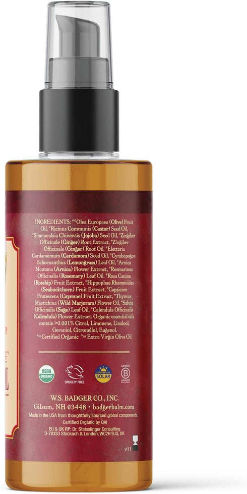 Badger Ginger Massage Oil, 100% Organic, 4 fl oz Glass Bottle, w/Arnica Oil & Cayenne for Deep Tissue Relief