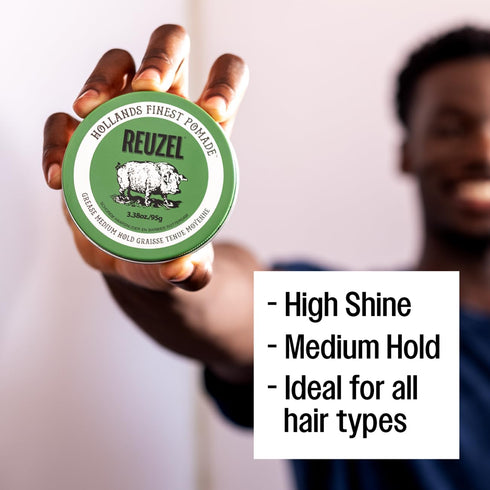 REUZEL Green Grease Pomade, Medium All Day Hold, Oil-Based Styling Wax, Easy To Wash Out