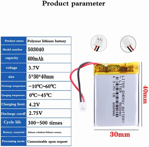 Liter energy battery 3.7V 503040 600mAh Pack 2.0mm Lithium Polymer ion Battery Rechargeable Polymer Battery with JST