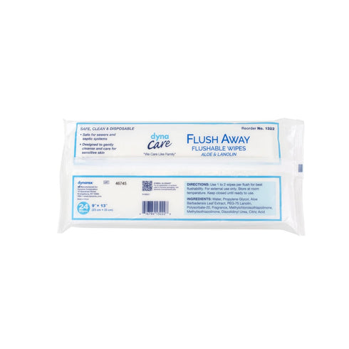 Dynarex 1322 DynaCare Flushable Wipe, Wet Bathroom Hygiene Wipe for Adults, Alcohol Free, 9" x 13", Pack of 24