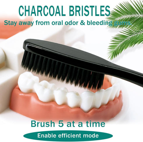 Large Long Head Toothbrush, 4-Pack, Upgraded Hard Charcoal Bristles for Whitening and Plaque Removal