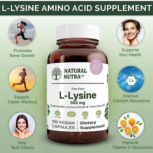 Natural Nutra L Lysine HCl, 500 mg, 100 Capsules - Promotes Bone Health, Skin Health & Collagen