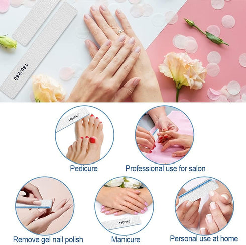 Nail File Set (12 PCS) - Double Sided Emery Boards 180/240 Grit for Natural Nails, Professional Manicure Tools