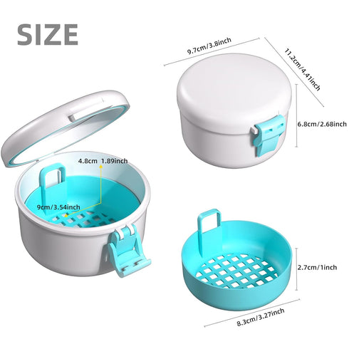 ARGOMAX Leak Proof Retainer Cleaner Case, Denture Cups for Soaking Dentures, Denture Travel Case (White+Blue).
