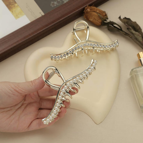 Metal Hair Claw Clips - Rhinestone & Artificial Pearls Claws, 4.4 Inch Silver Hair Clips for Women (3 Pack)