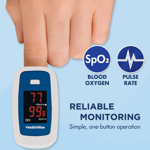 HealthWise Pulse Oximeter - Blood Oxygen Saturation Monitor with Lanyard and Batteries for Portable Spot-Check