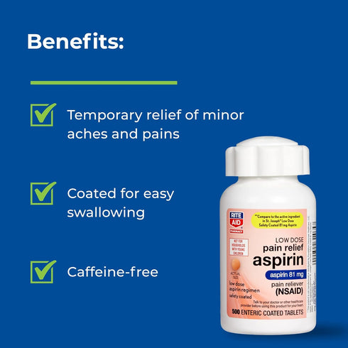 Rite Aid Aspirin Enteric Tablets - 81 mg Aspirin - 500 Count - Low-Dose for Headache Relief